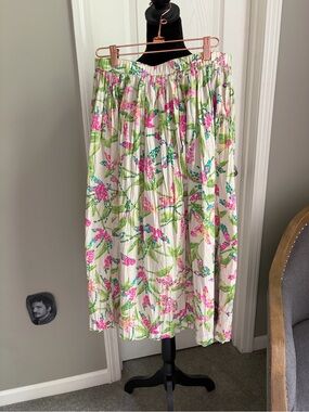 Charter Club White Midi Skirt with Pink and Green Floral Print